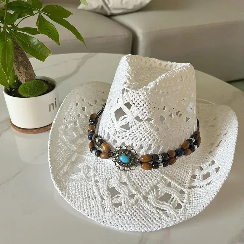 Vintage Summer Beach Bohemian Straw Hat Shell Women Men Western Cowboy Hats Wooden Beads Hollow Out Sun Hat Holiday Cap 260228