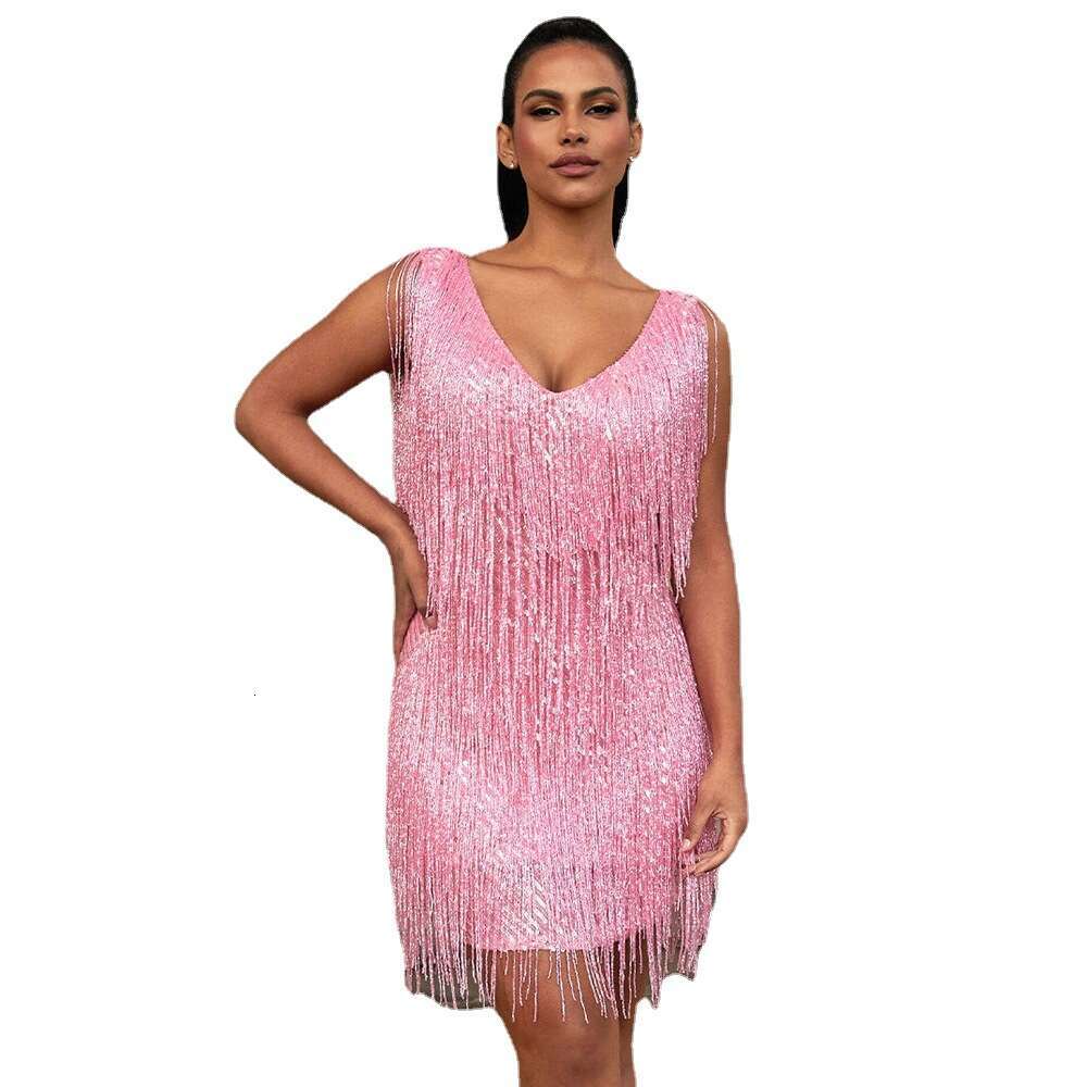 2026 New European and American Style Tassel Sequin Sleeveless Dress Evening Gown
