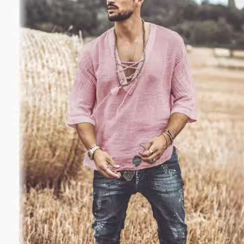2025 New European and American Style Wish Amazon Hot Men's Chest Tie Eyelet Short Sleeve T-Shirt Shirt
