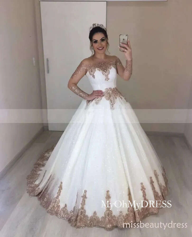 Princess White Wedding With Rose Gold Appliques Vintage Transparent Long Sleeves Bridal Dress Ball Gown Robe Mariage Dresses D07 D0306