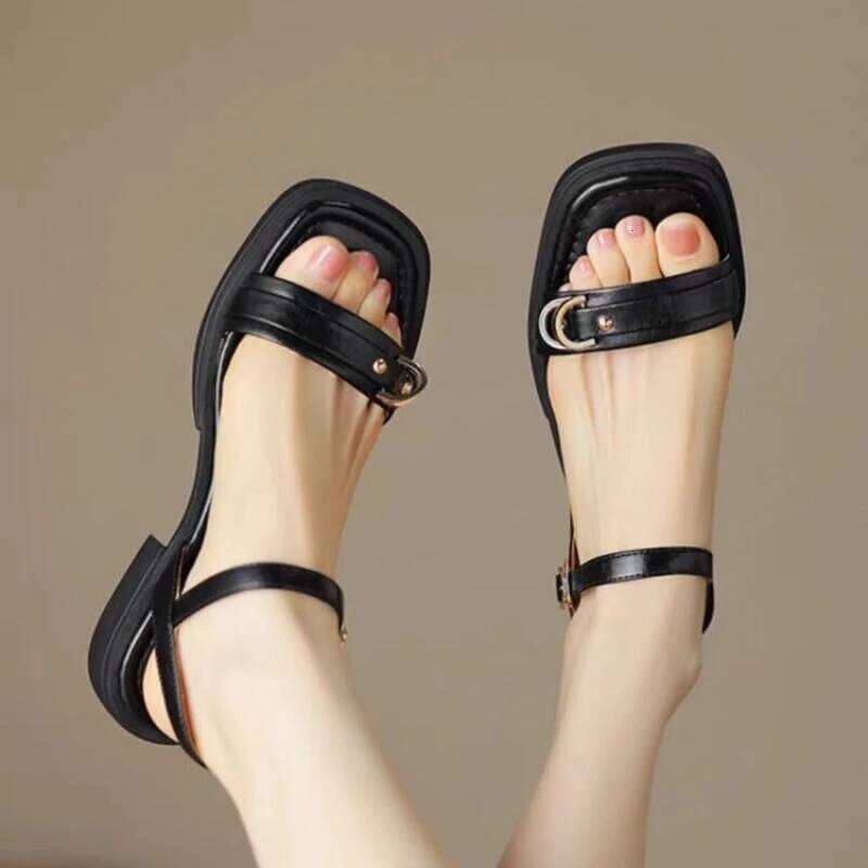 2025 Summer Women Sandals Low Heels Basic Genuine Leather Concise Office Plus Size 35-43 Ladies Casual Outdoor Shoes