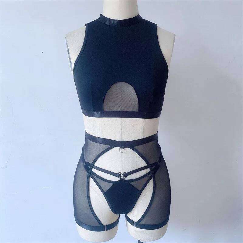 Sexy Lingerie Woman 3 Pieces Vest Top Seamless Underwear Garter Belt Set Thong Black Intimate Exotic Sets