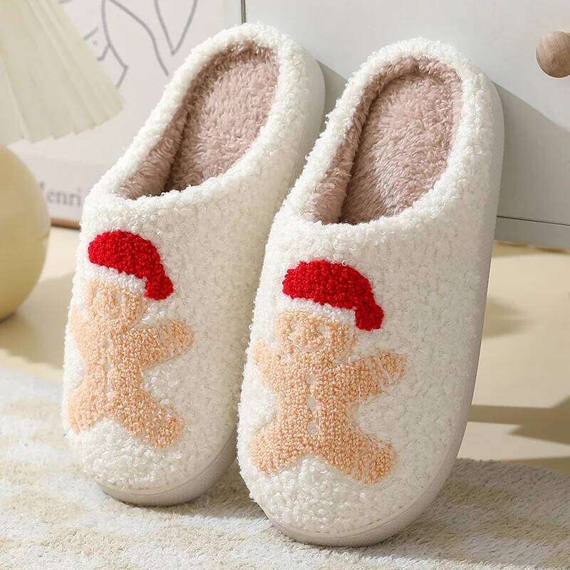 Litfun Christmas Women Cute Winter Fluffy Slippers Couple House Cotton Men Bedroom Soft Sole Flat Shoes for Gift