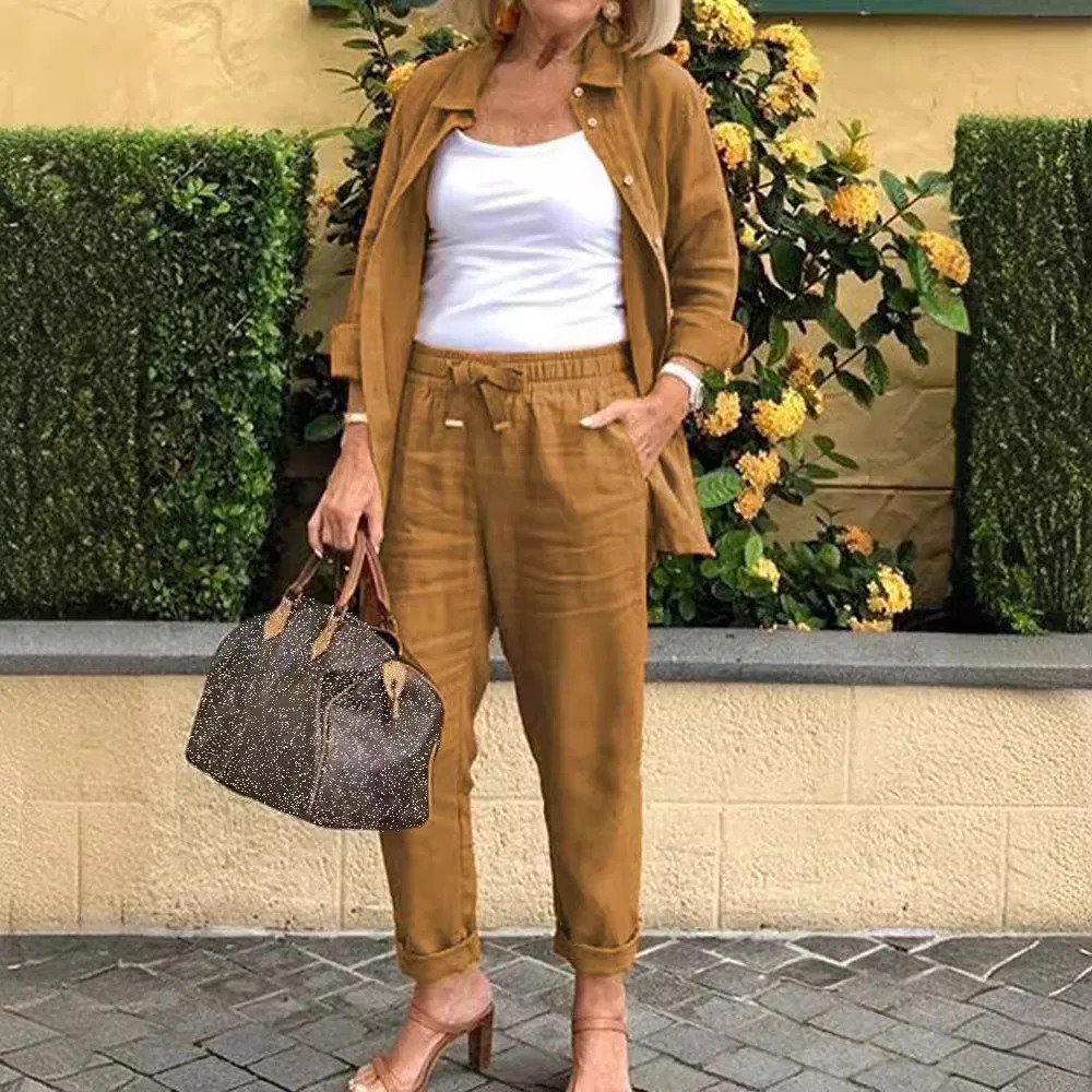 Cotton Linen Set Women Spring Summer Loose Oversize Long Sleeve Shirt Long Pants 2 Piece Sets Casual Office Ladies Trousers Suit 260305