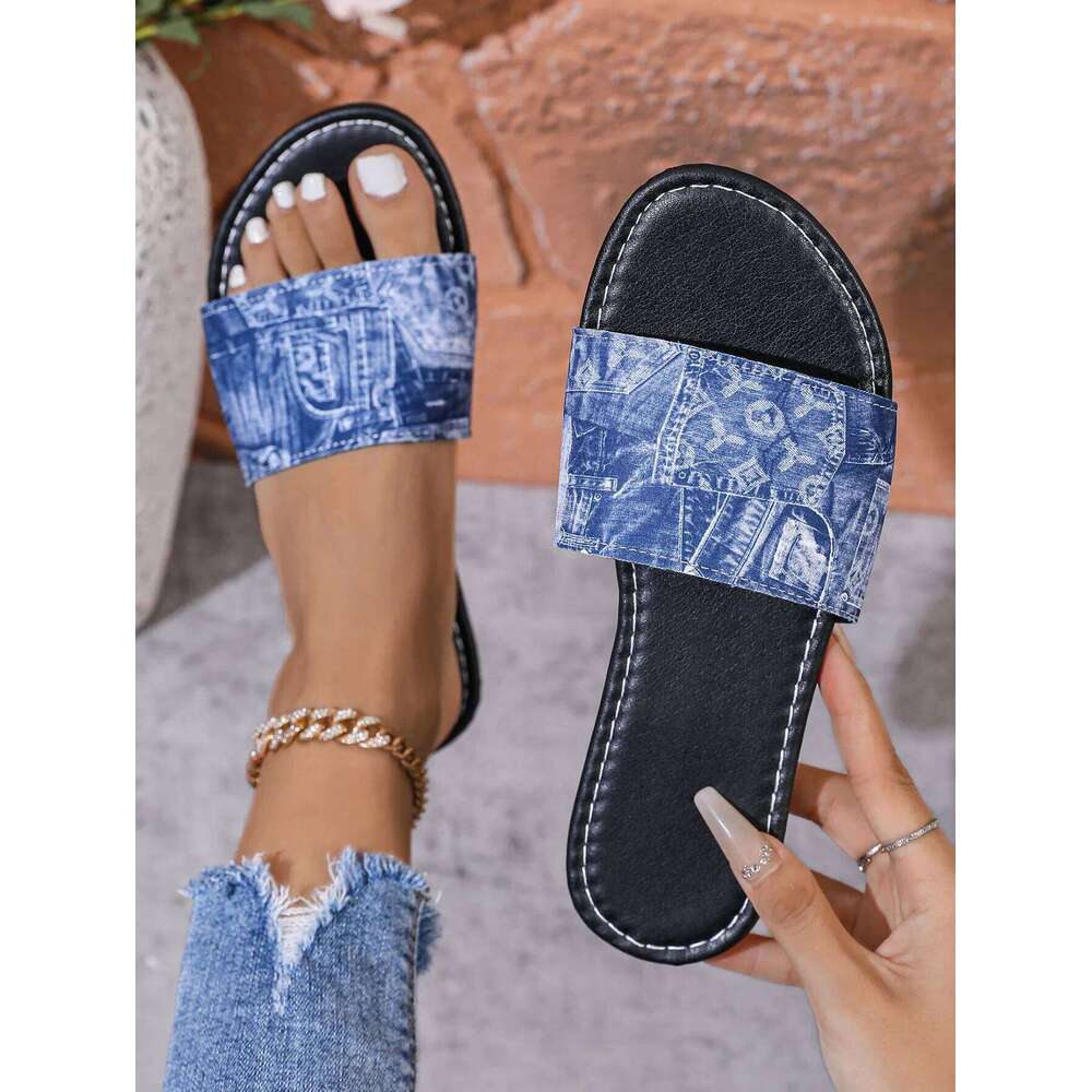 Casual Denim Slippers for Women 2025 Fashionable Non-Slip Wear-Resistant Soft Bottom Comfortable Flat Heel Sandals