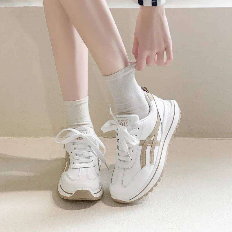 Women's lace-up breathable sports 2025 thick-soled leather stitching casual outdoor running vulcanized shoes