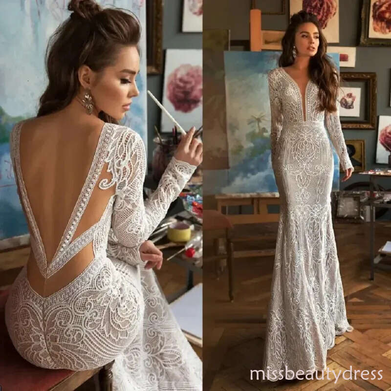 Customized Deep V Neck Lace Mermaid Wedding Dress Backless Long Sleeves Sweep Train Boho Bridal Gown Custom Made Bohemian