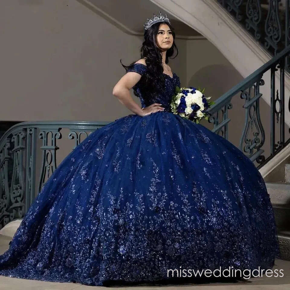 Navy Blue Ball Gown Quinceanera Dresses Lace Floral Appliques Beaded Off Shoulder Princess Prom Dress For 15 Girls Celebrity Party Boutique