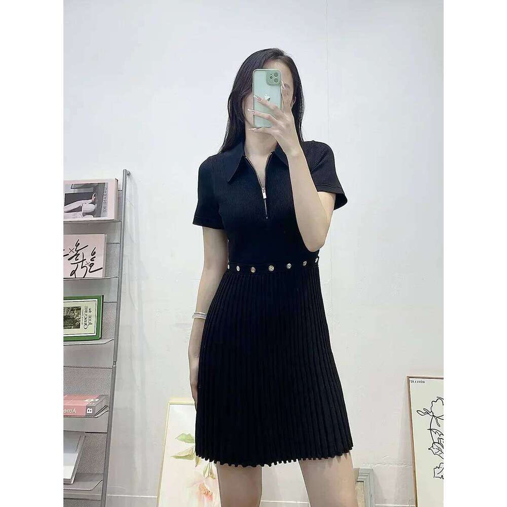 Women Waist Hollow Out Knit Dress Button Decoration Slim Fashion Zipper Female Turn-Down Collar Pleated Black Mini Robe Mdng260306