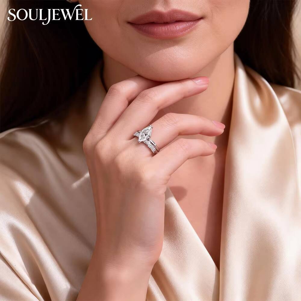 Souljewel Marquise Moissanite Combination Stacking Rings D Color VVS Sterling Silver Wedding Engagement Anniversary Bands