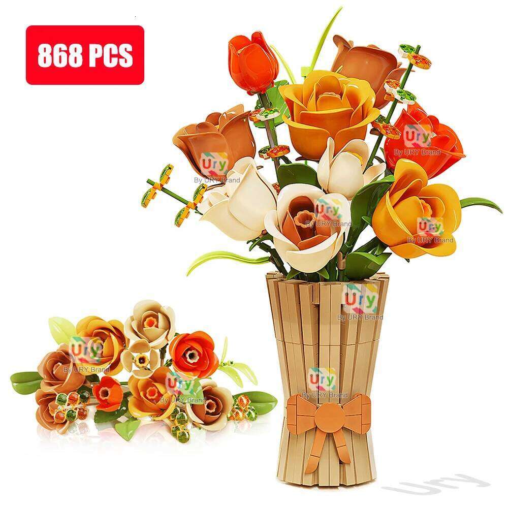 Flower Bouquet 3D Romantic Yellow Rose with Vase Set Assembly Building Block Model Home Decoration Valentine's Day Gift for Girl Z260305