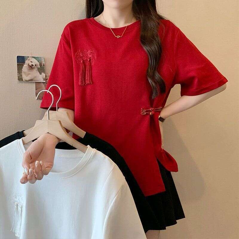 Chinese ethnic style retro red split design short sleeve T-shirt women's summer fashion plus size new loose casual top Casual round Pullover Spli