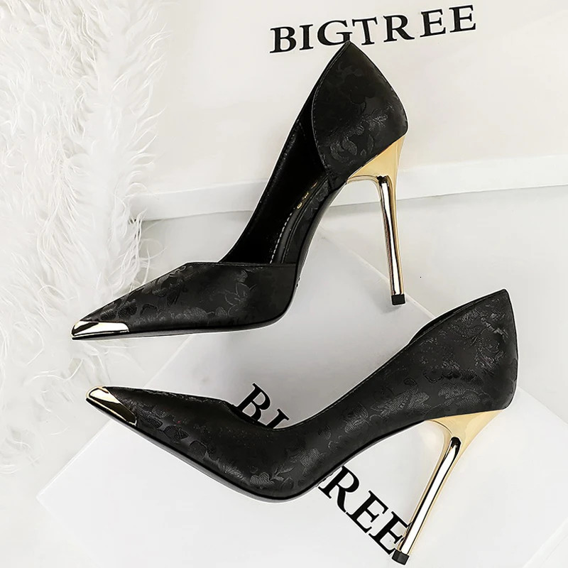 BIGTREE Shoes Women 11 Cm Heels Silks Satins Woman Pumps Metal Pointed Toe High Heels Fashion Female Pumps Sexy Party Shoes 260306