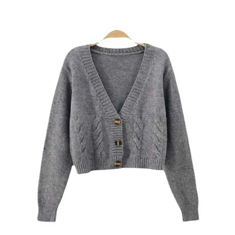 V Neck Cropped Cardigan Women Long Sleeve Twist Knitted Sweater Coats Autumn Winter Keep Warm Korean Fashion Jacket Cardigan M260306