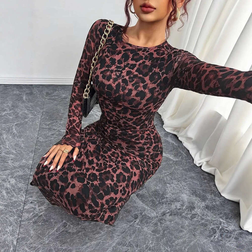 2026 European and American Women's Elegant Leopard Print Slim Fit See-Through Sleeve Sexy Waist-Cinching Tight-Fitting Long Dress