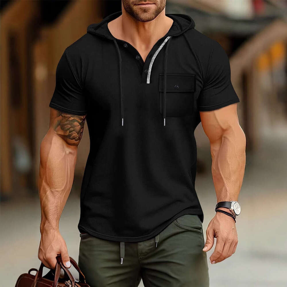 Men's Fitness Hooded Short Sleeve T-Shirt Summer Hoodie Sports Top American Style Henley Shirt