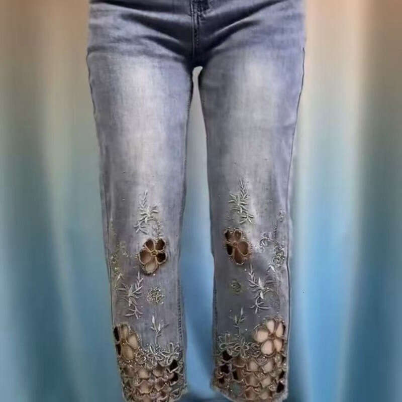Mardi Hefxessdr women High end hollowed out embroidered denim new summer thin high waist stylish denim jeans women's clothing