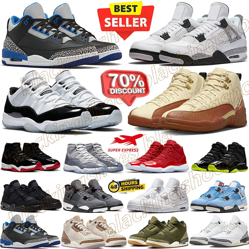 Designer 3s 4s 11s 12s Basketball Shoes Men Women Black Cat Sneakers Military Blue Sail Red Cement White Oreo Cool Grey University Blue Outdoor Sports Trainers 36-47