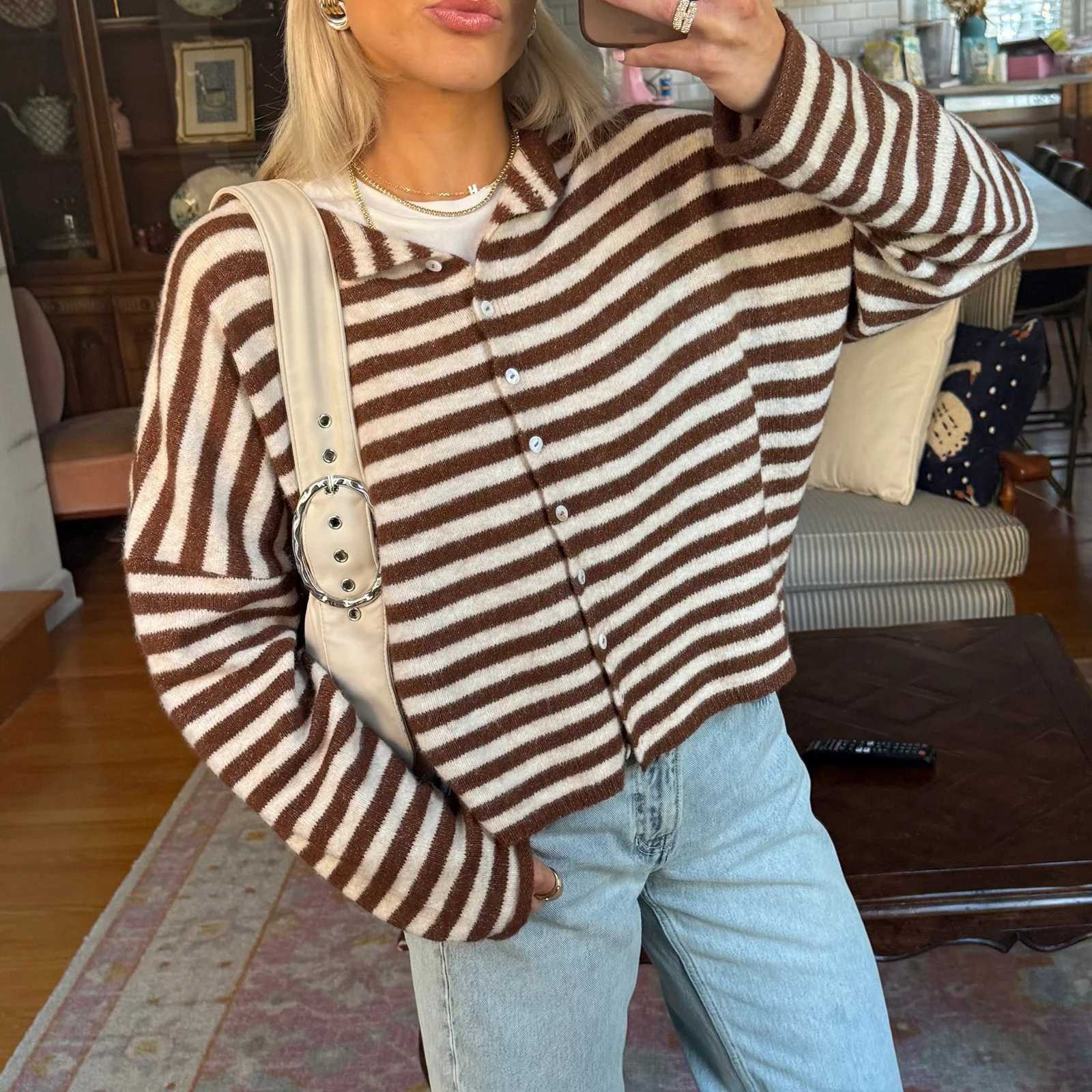 Casual Loose Cardigan For Women Autumn Long Sleeve Knitwear Y2K Outerwears Womens Fashion Stripes Sweater Female Top M260306