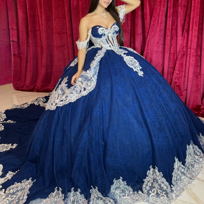 Navy Blue Quinceanera Dresses Ball Gown Off The Shoulder Applique Lace Beading Crystal Bow Corset Party Birthday Sweet 16 Dress Vestidos 15 De Anos