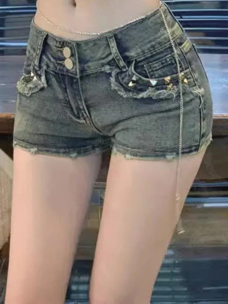 Women Korean Retro Y2k Shorts Pants Lady Vintage High Street Pants Female Blue Low Waist Elastic Wrapped Hip Short Jeans 260306