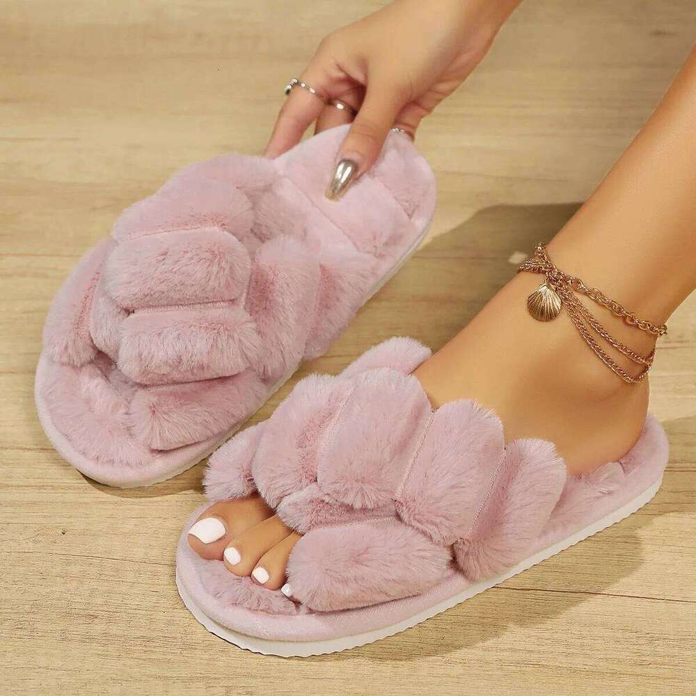 Women's Fluffy Cross Strap Fur Lightweight Soft Warm Plush House Slippers Woman Autumn Winter Flat Indoor Fuzzy Slides