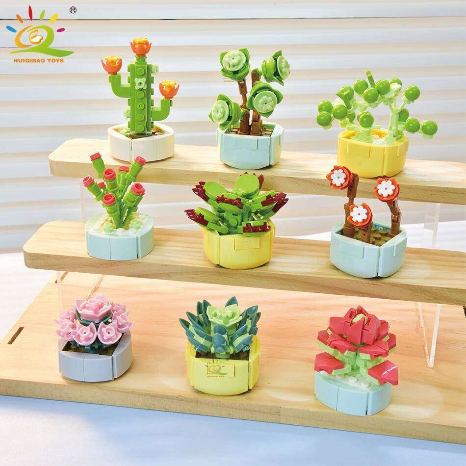 HUIQIBAO MOC Flower Succulents Building Blocks Everlasting Flowerpot Bonsai Gardens Romantic Bricks DIY Potted Plants Model Kids Z260306