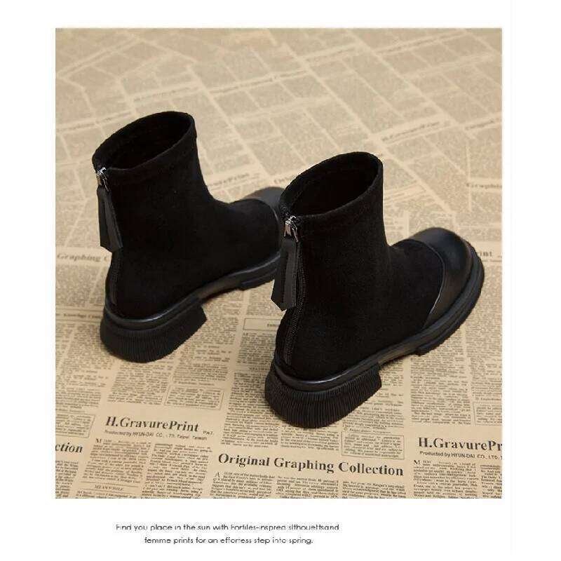 2025 Autumn New Women's Ankle - Retro Panel Round Toe Side Zipper Chunky Heel Fashion Short Boots for Women