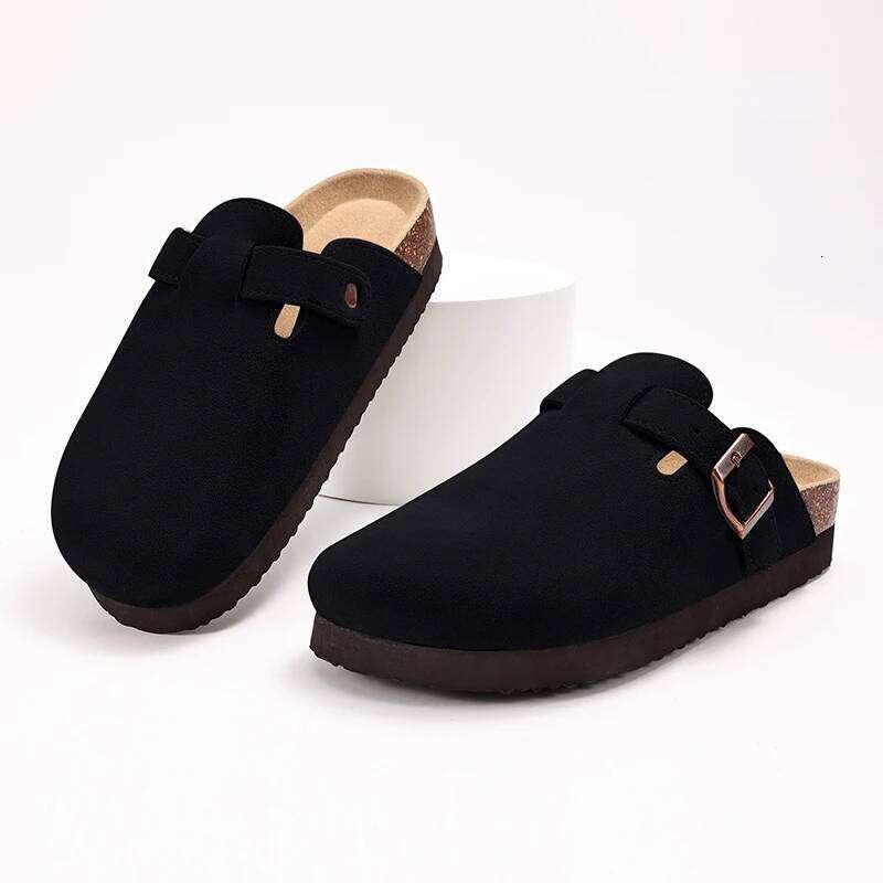 LItfun Fashion Comfy Leather Cozy Cork Mules Soft Insole Clogs Sandals With Adjustable Buckle