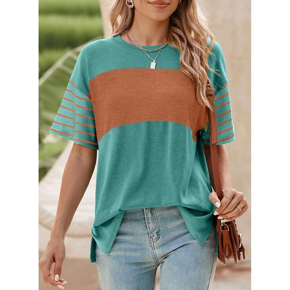 Designer Summer Tops Trendy Oversized 2026 Crewneck Casual Color Block Striped Womens Shirts Blouses