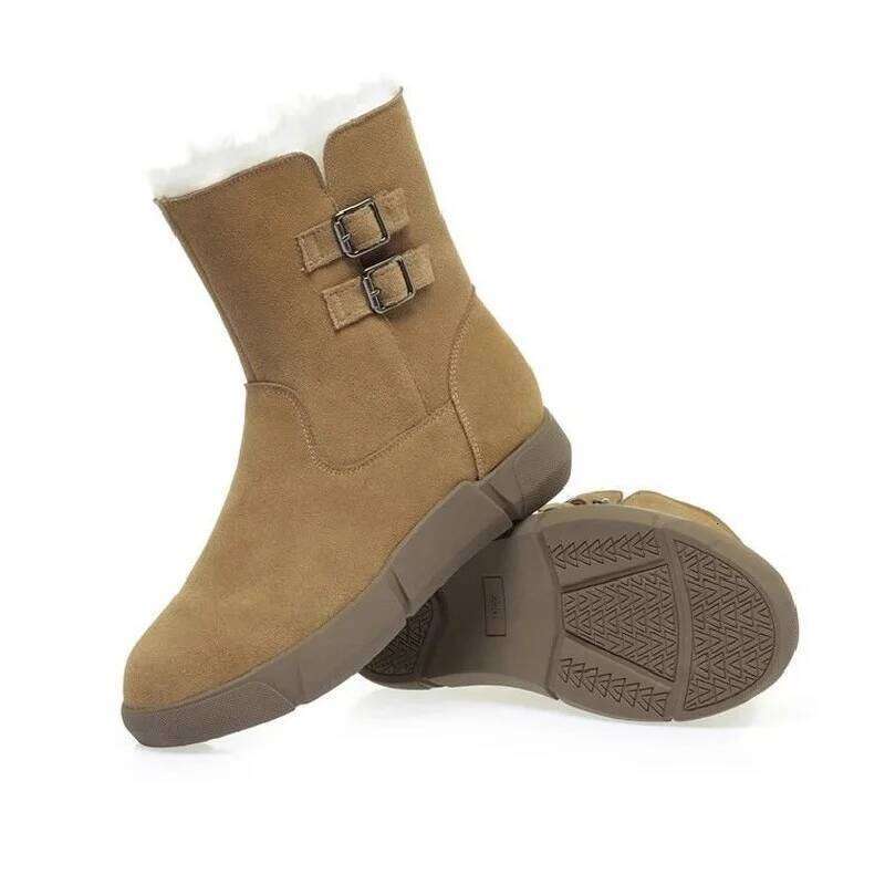 2025 New Winter Women's Snow - Minimalist Double Buckle Side Zipper Fleece-Lined Warm Mid-Calf Boots