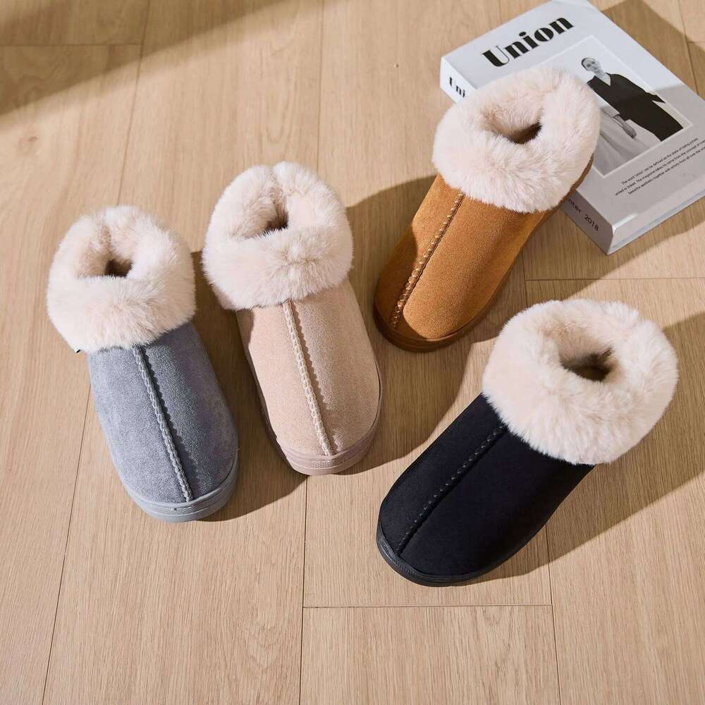 Litfun Winter Fluffy Slippers Warm Plush Indoor Home Flat Slides Outdoor Antiskid Faux Fur Collar Fuzzy Men Cotton Shoes