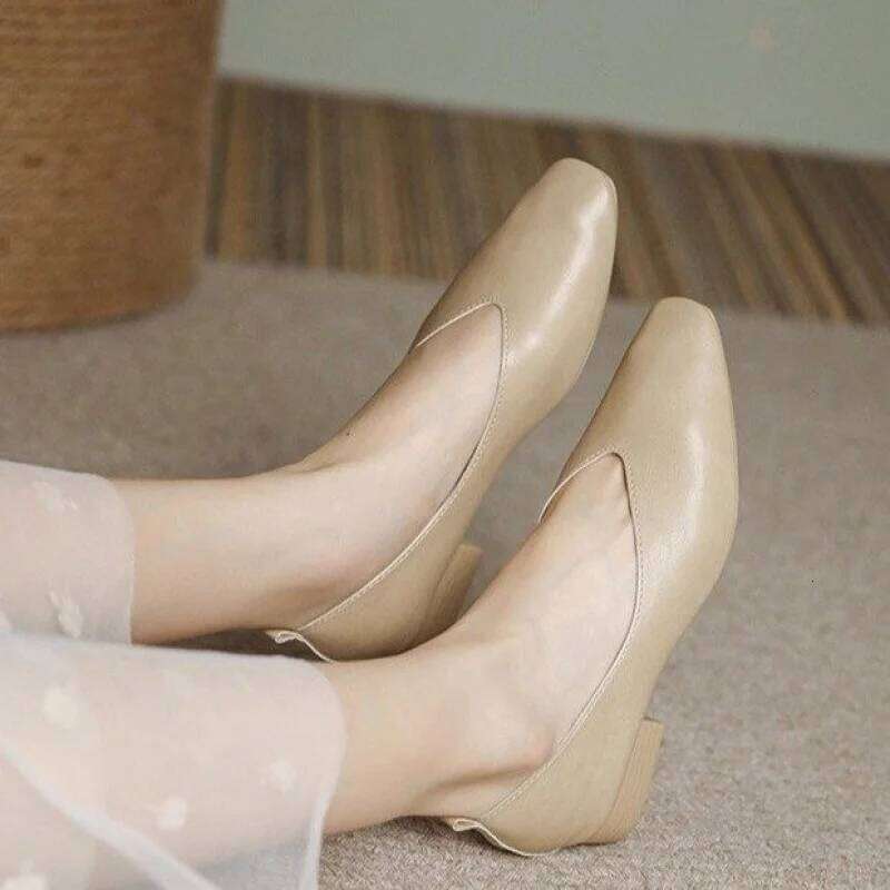 Woman Elegant Summer French Square Toe Green Mary Janes Cute Casual Flats Female Retro Low Heeled Soft Soled Flat Shoes