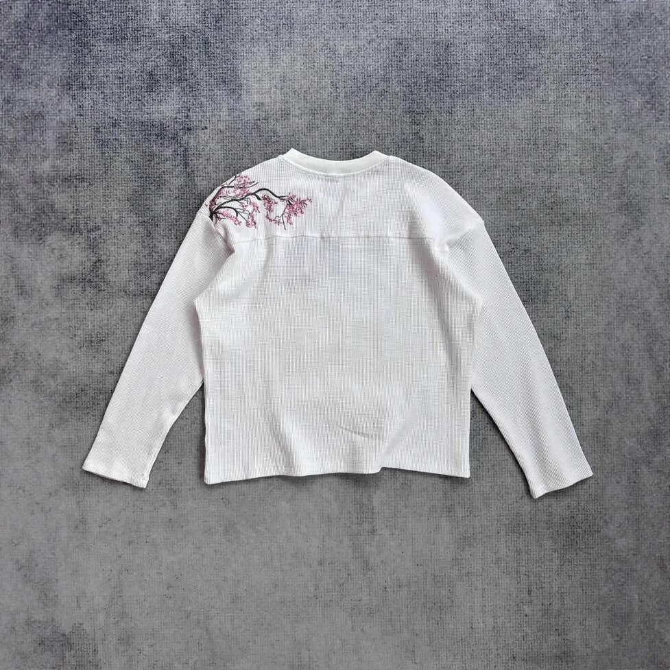 European and American cross-border Amazon plum blossom embroidered T-shirt for men, high street style, loose fit, casual, white, round neck, long slee