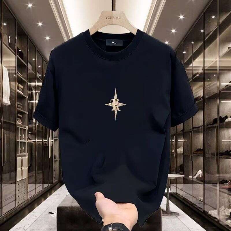 Men's pure cotton 2025 round neck t-shirt, ins half-sleeve top, men's clothing, new gold star short-sleeve shirt