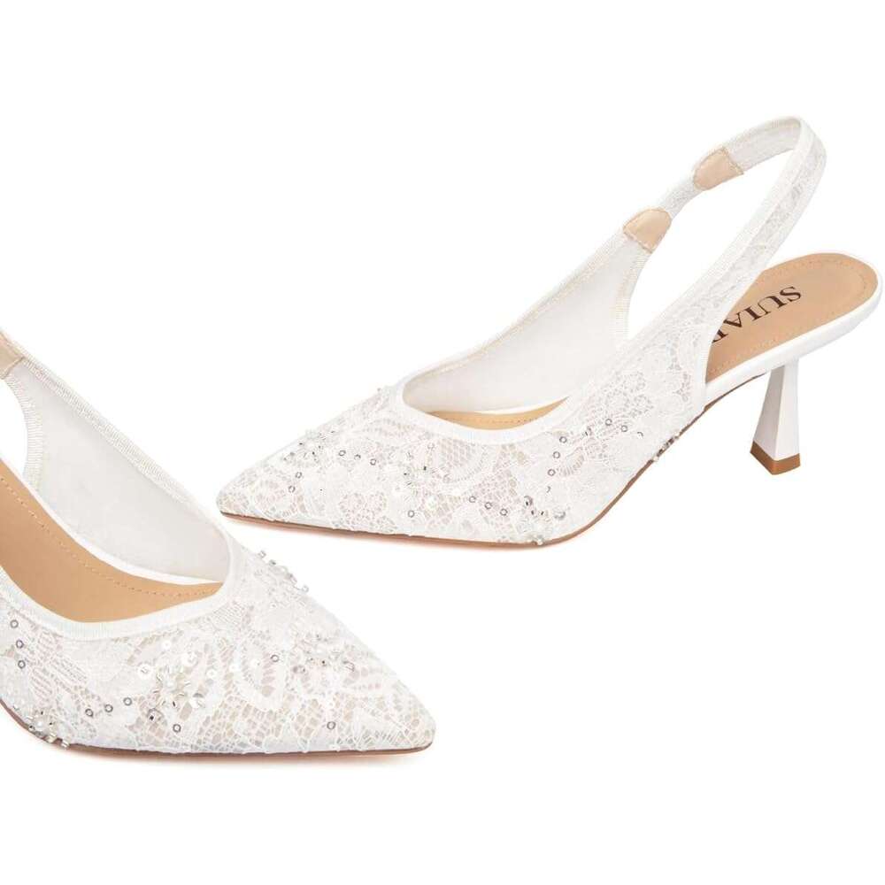 Slingback Wedding Heels For Women Bridal Lace Mesh Kitten Heel Closed Pointed Toe Pearl Pumps Shoes