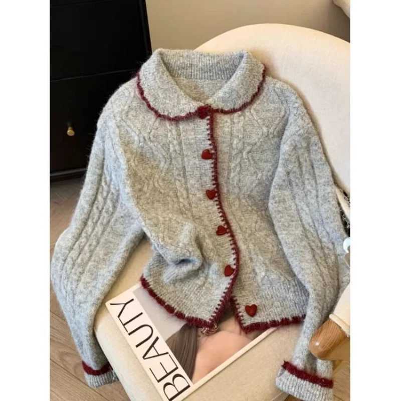 Lapel Love Button Twist Sweater Cardigan for Women Autumn and Winter THiCKened Loose Knitted Sweater M260306