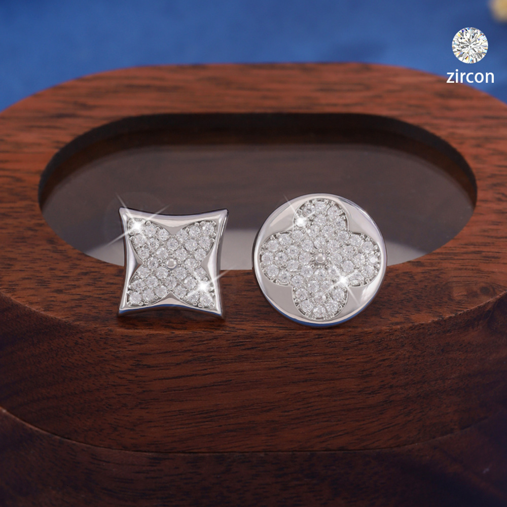 Luxury Brand Designer Jewelry Korean-Style Fashion New Ultra-Shiny Four-Leaf Clover Asymmetric Earrings For Women, Micro-Inlaid With Zircon, High-End 