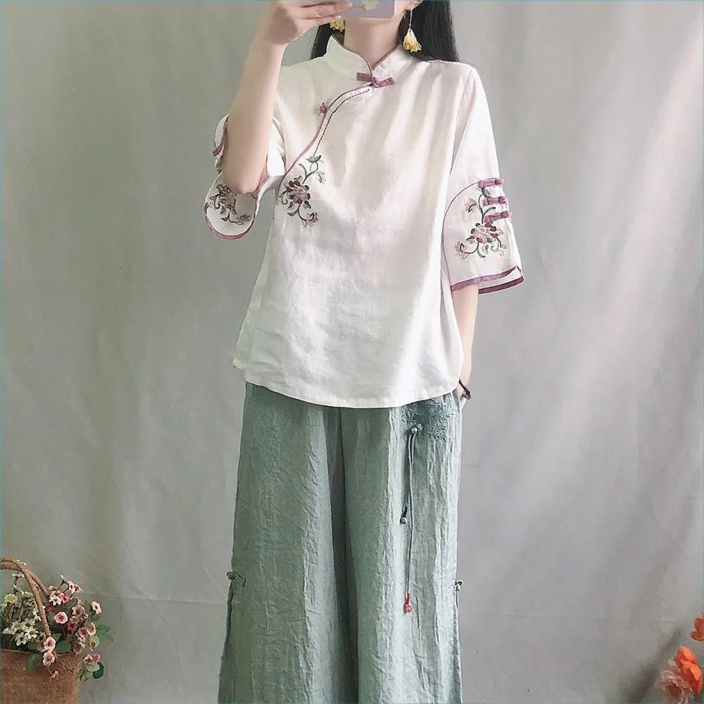 Vintage Cotton And Linen Shirt Chinese Style Standing Collar Collision Color Plate Button Sleeve Jacket Embroidered Tea Dress Spring And Summer Women