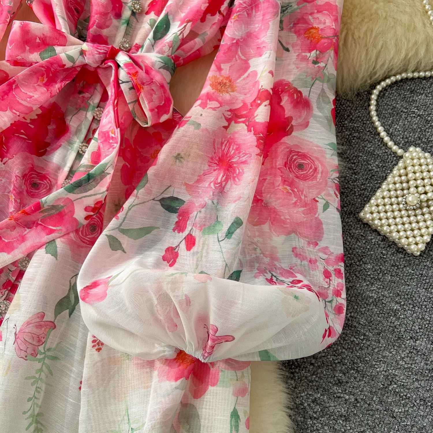 2025 Spring Holiday Gorgeous Flower Organza Dress Women Lantern Long Sleeve Beaded Button Floral Print Belt Lace Up Boho Vestido X260306