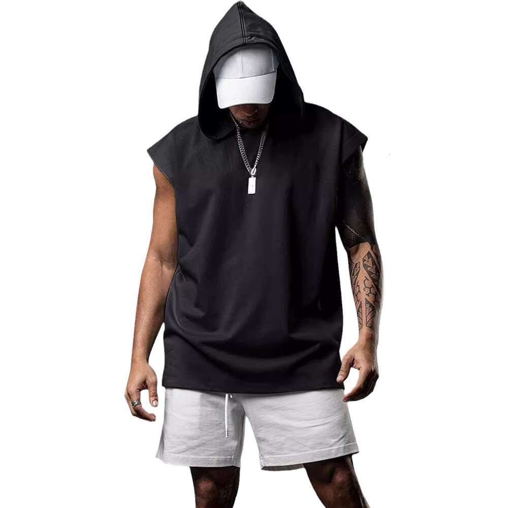 2026 New European and American Amazon Pullover Sports Casual T-Shirt Trendy Sleeveless Hooded Loose Men's