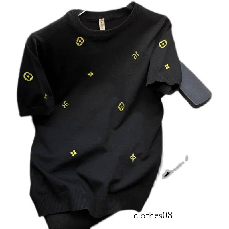 2022 Spring Summer New Men's Half Sleeve Embroidered Round Neck Ice Silk T-Shirt Trendy Knitted Base Layer Casual Style