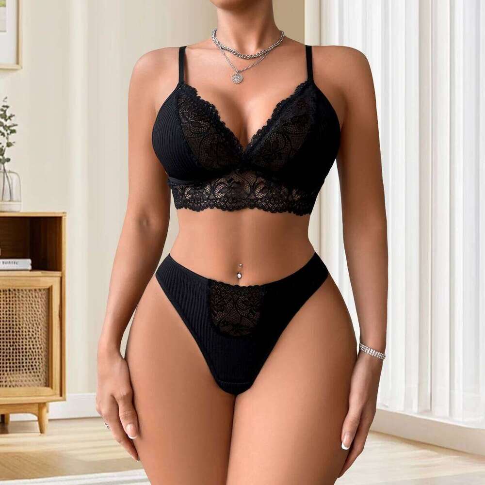 2pcs/Set Women's Underwear Set Lace Ribbed Panty Sets Breathable Floral Sexy Lingerie Outfit Wire-Free Padless Bras