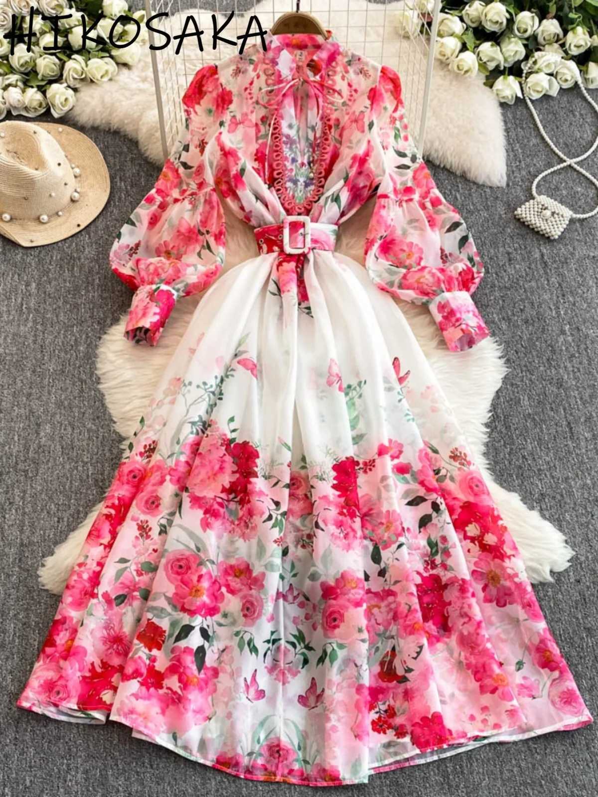Floral Print Fresh Chic Women Dress Spring 2026 New Elegant Slim Lantern Sleeve Big Swing Vestido French Style Temperament Ropa X260306