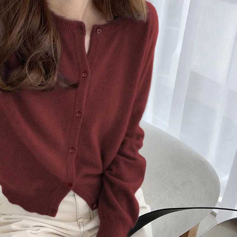 O Neck Solid Color Simple Short Loose Fit Knitted Cardigan Pring Autumn Sweet Casual Long Sleeve Sweater Jacket Women New 9053 M260306