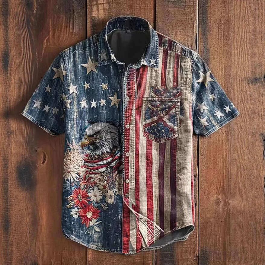 Cross-border vintage casual printed short-sleeve men's shirt