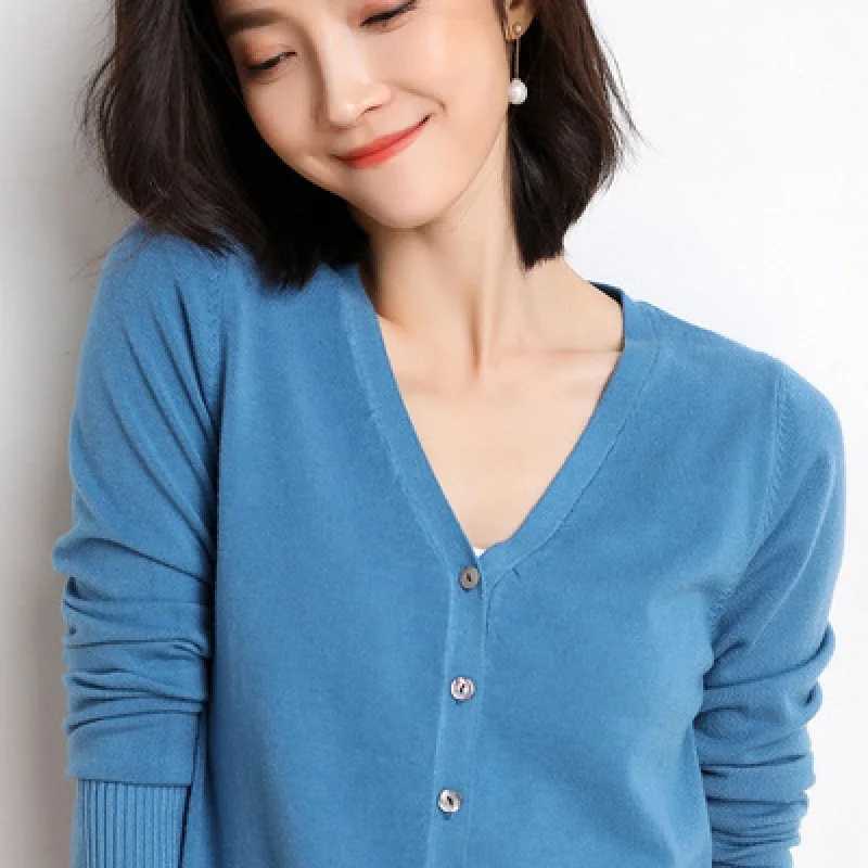 Cardigans Women 2025 Autumn Single Breasted V-neck Knitted Sweater Fashion Short Knitwear Solid Blue Green Pink Womens Jumpers M260306