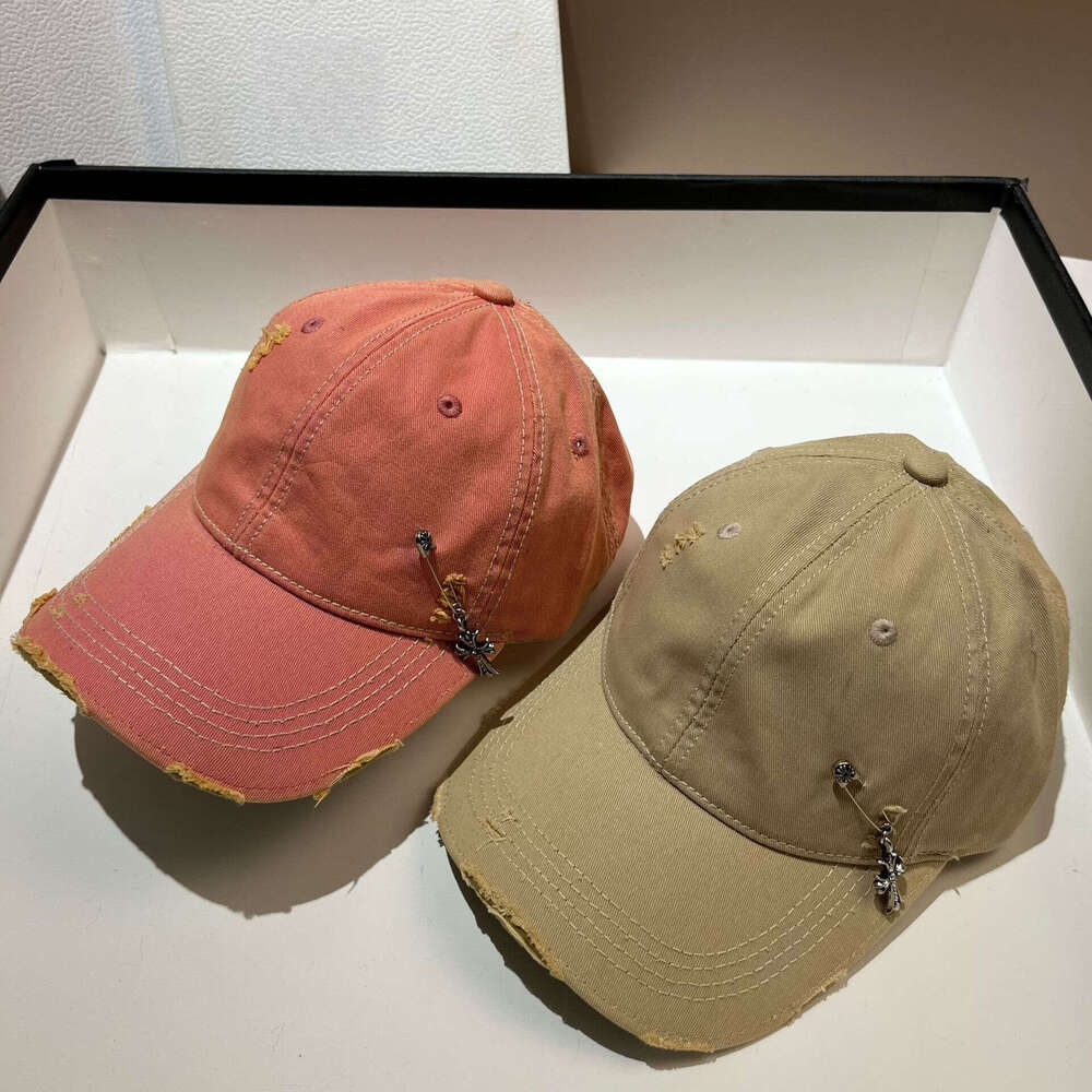 Trendy Cross pin washed denim baseball cap Casual sports hat youthful Unique Distressed Color-blocking American style