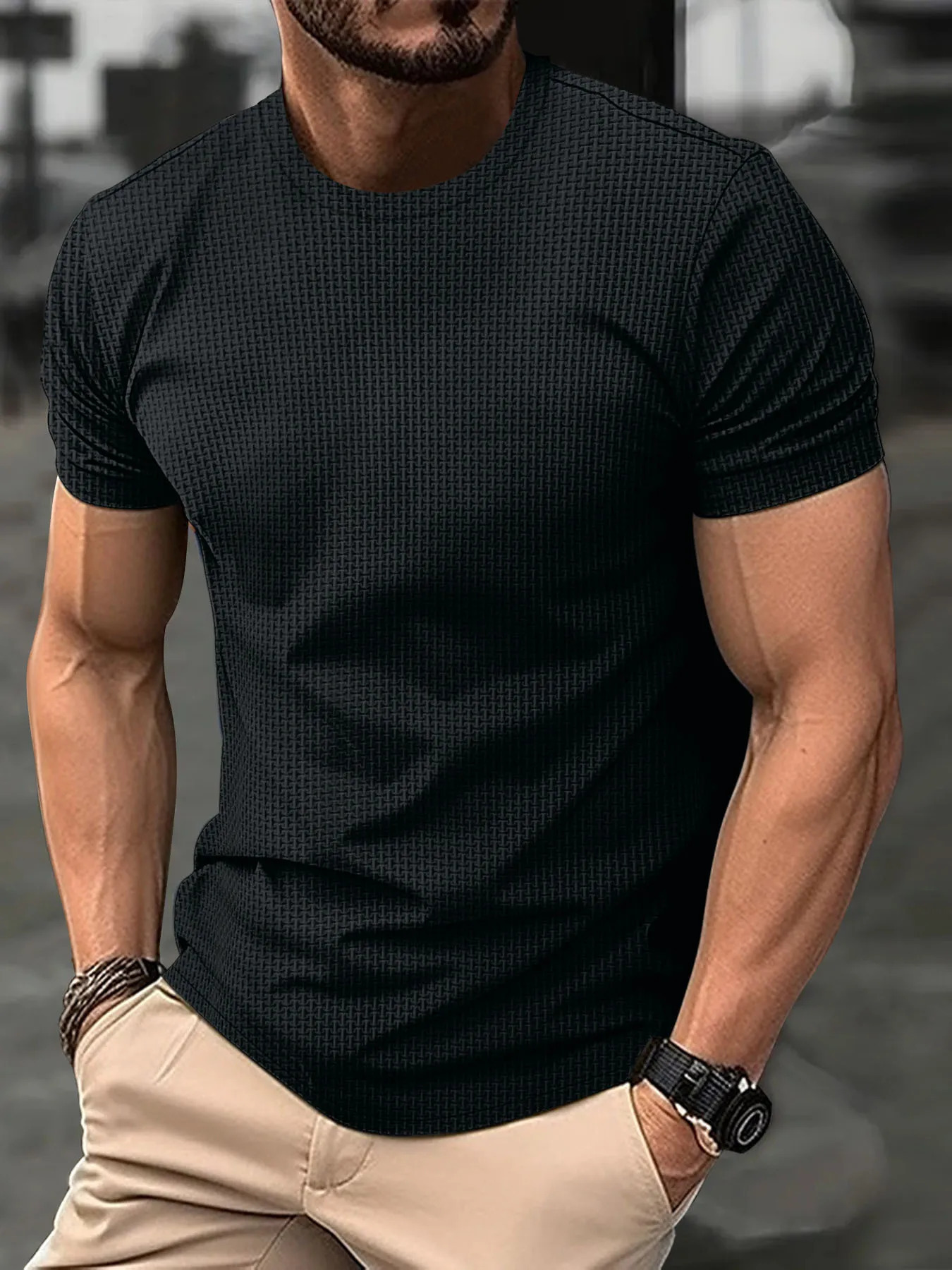 summer mens high-end mesh ice silk round neck short sleeve acrylic anti-wrinkle breathable high street POLO shirt 260304