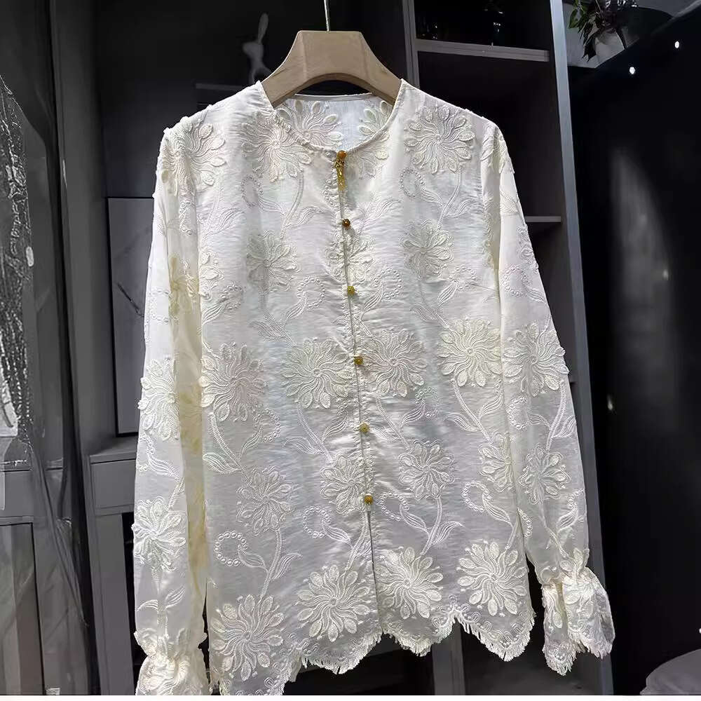 Mardi Hefxessdr Women's Leisure Blouse 2026 Spring Lace Temperament Embroidered Ladies Tops Retro Fashion Lady Shirt style shirt women's clo